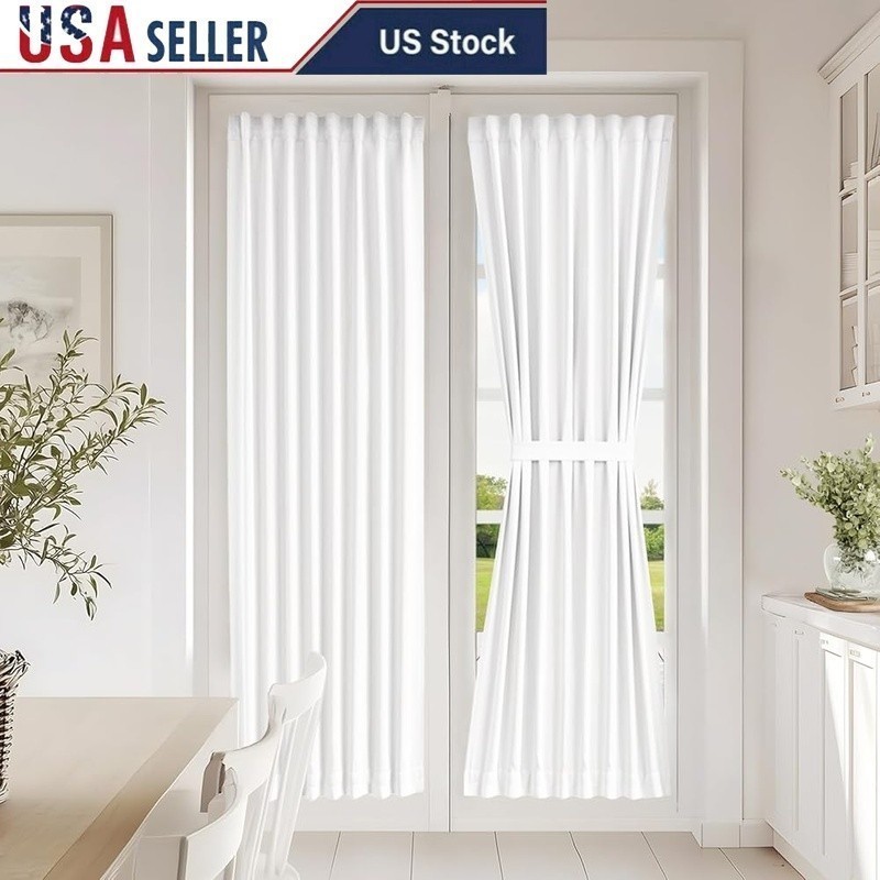 Adjustable Tie-Back Blackout Curtain Panel W/ Adhesive Strips Easy Install Doors