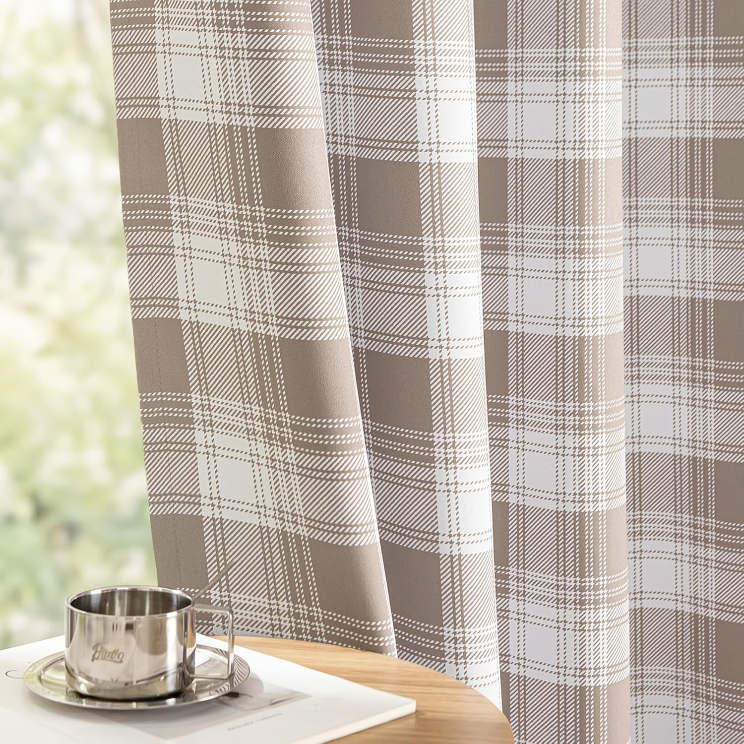Taupe Plaid 95% Blackout Curtains 72″ Long – 2 Panels for Farmhouse Style