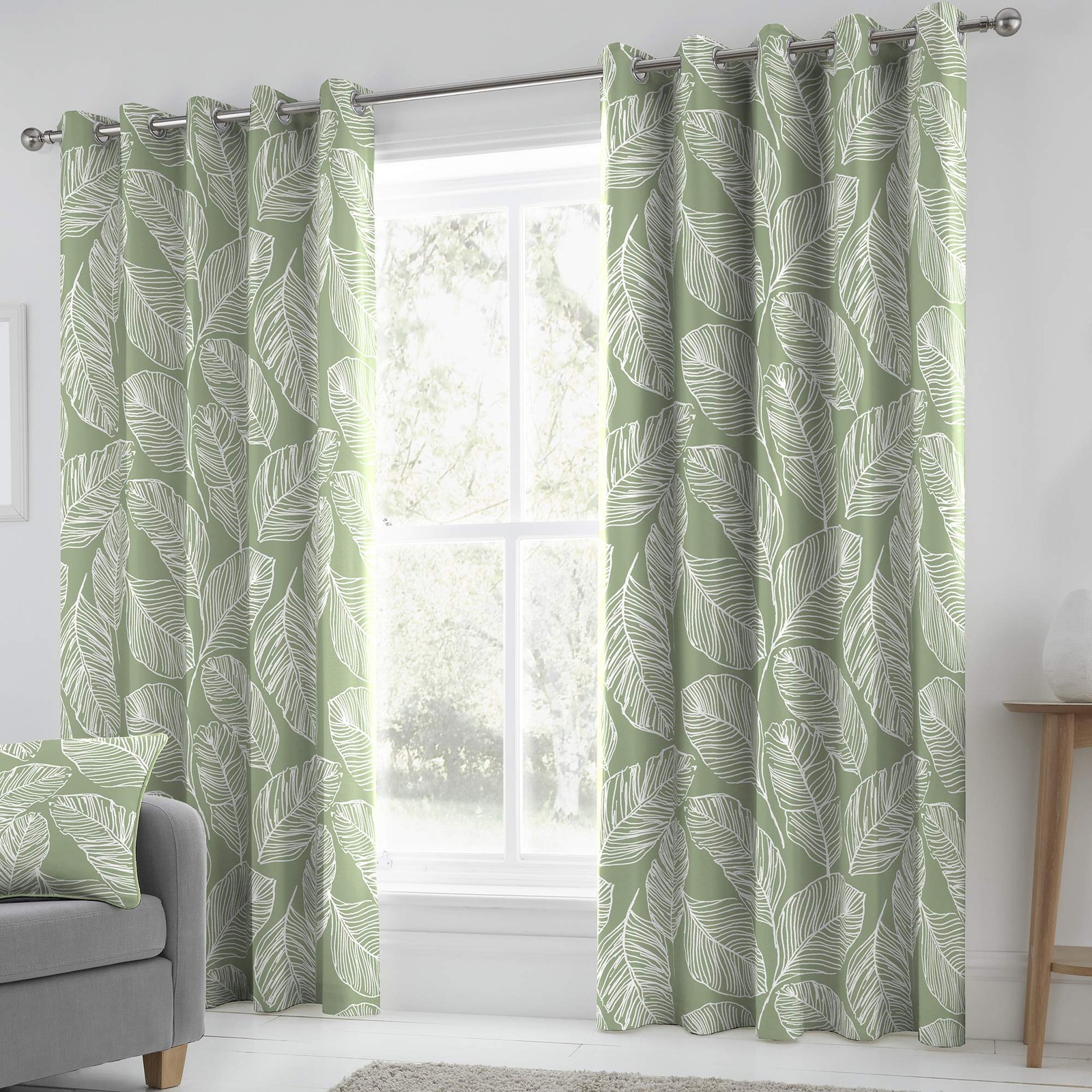 Matteo Eyelet Curtains, 100% Cotton, 117 x 137 cm, Green