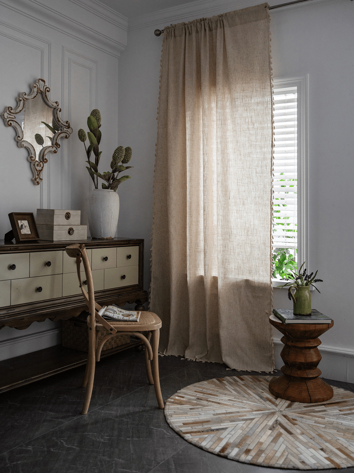 Boho Curtains 84 In Long Bohemia Linen Curtains for Bedroom Living Room Beige