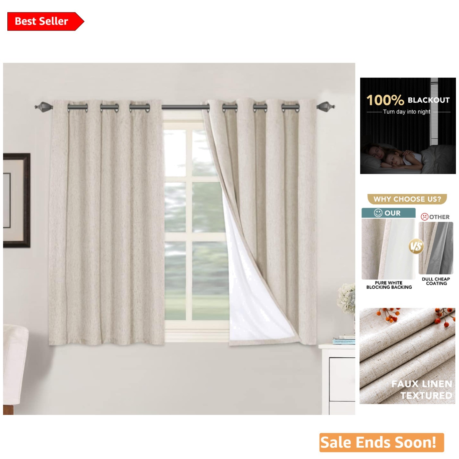 Linen Blackout Curtains 45 Inch Long Set of 2 Natural Country Rustic Style