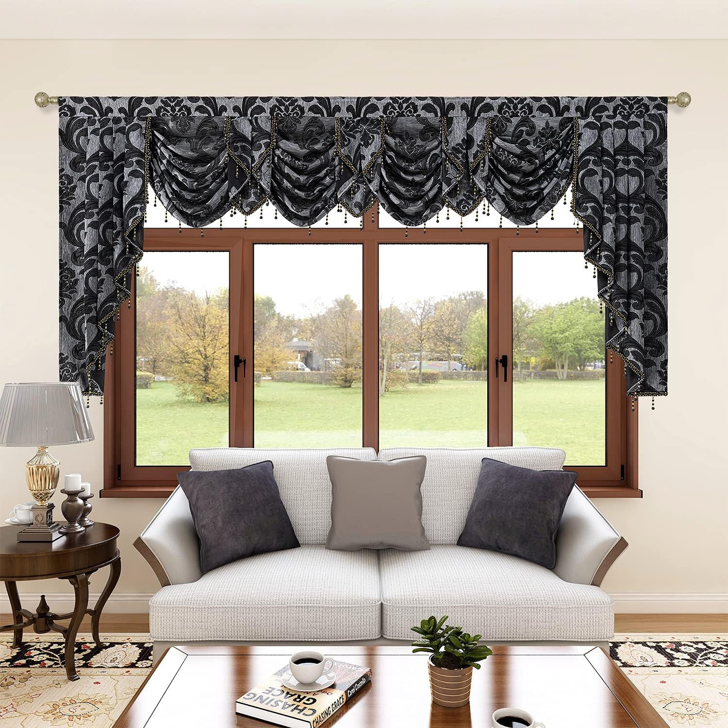 Elegant Black Damask Waterfall Valance with Beads, 101-Inch Wide
