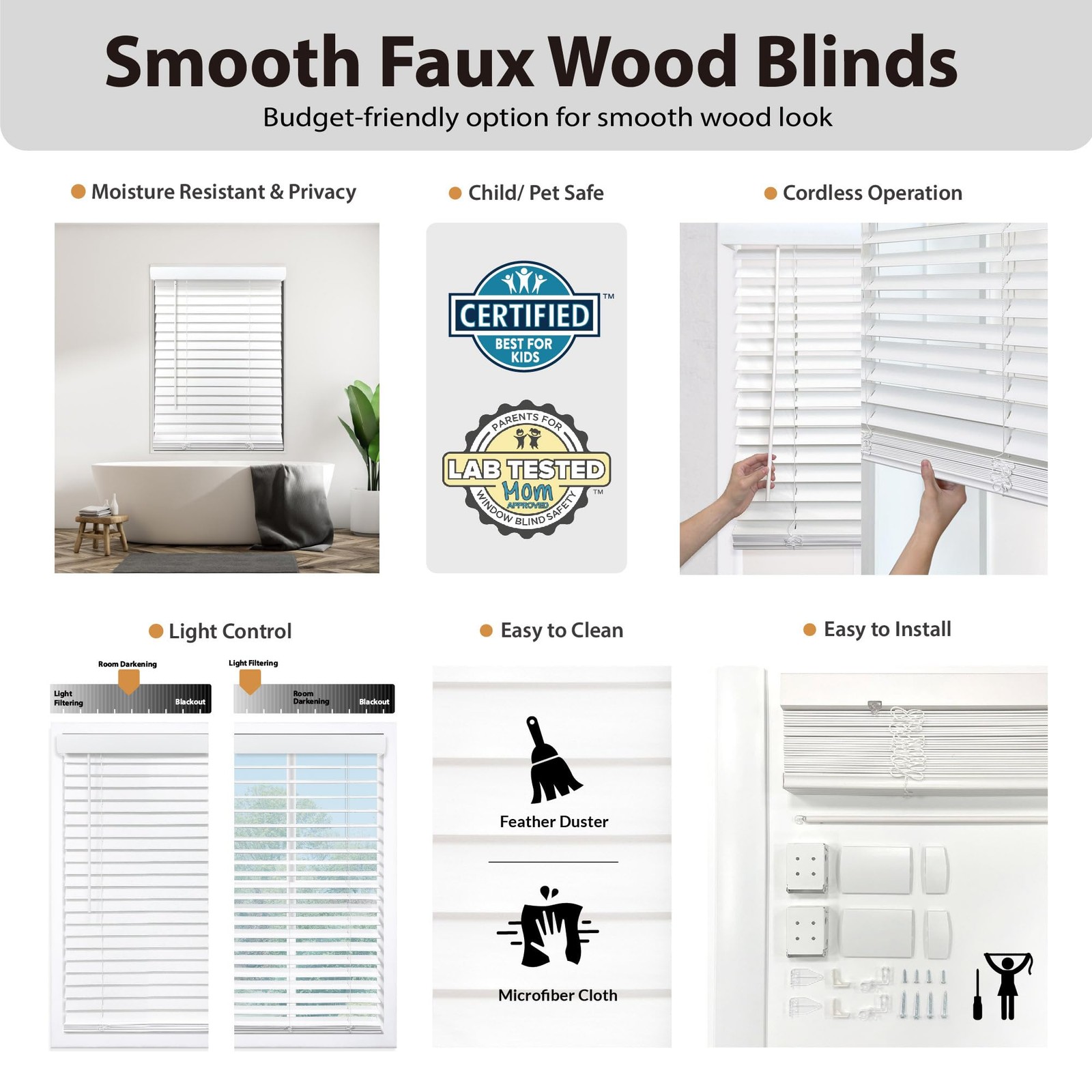 Dez Furnishings Cordless 2 Smooth Faux Wood Blind 28.75 W X 72 H Smooth White