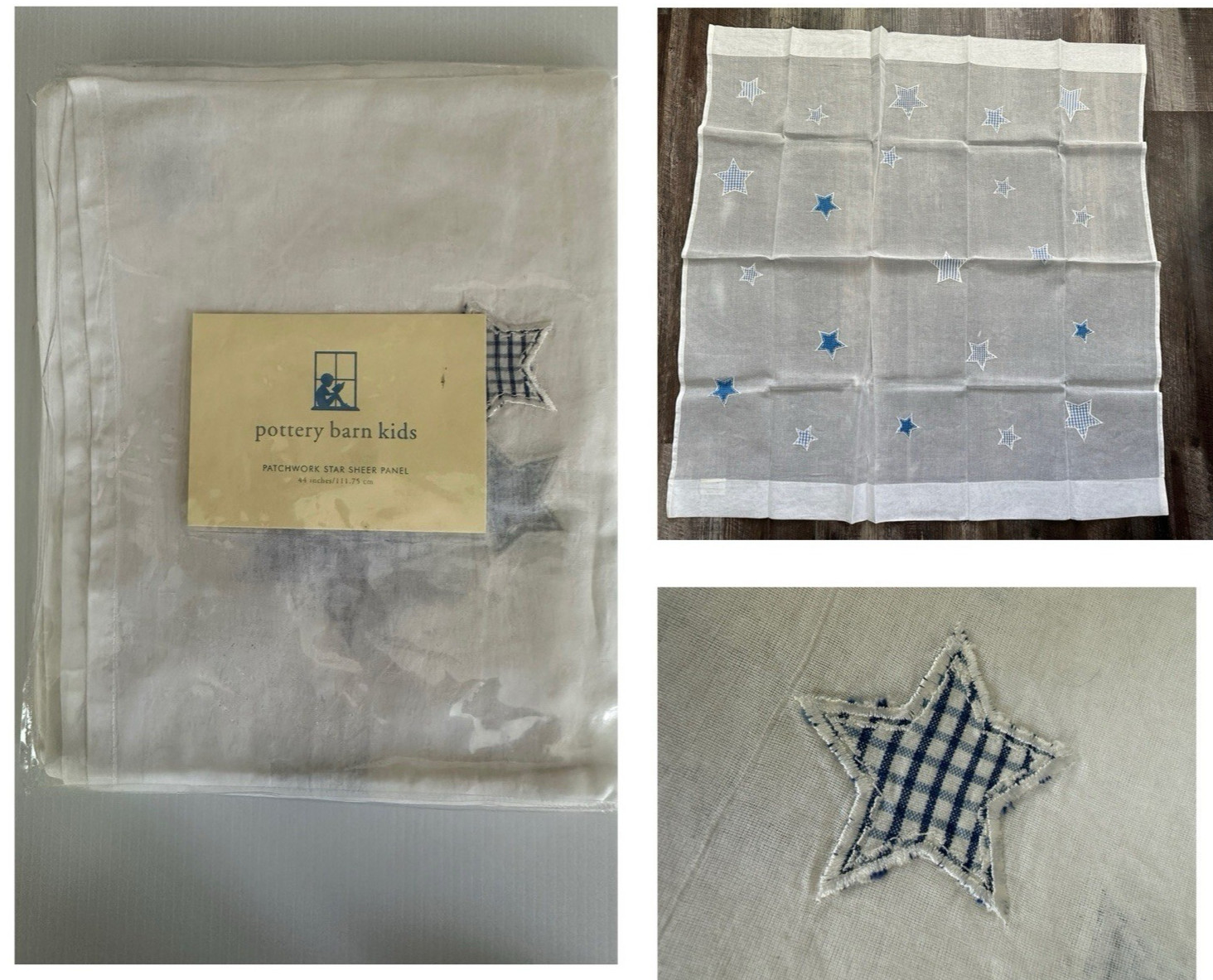 Pottery Barn Kids PATCHWORK Star Sheer Panel 44×44 Embroidered White Blue Stars