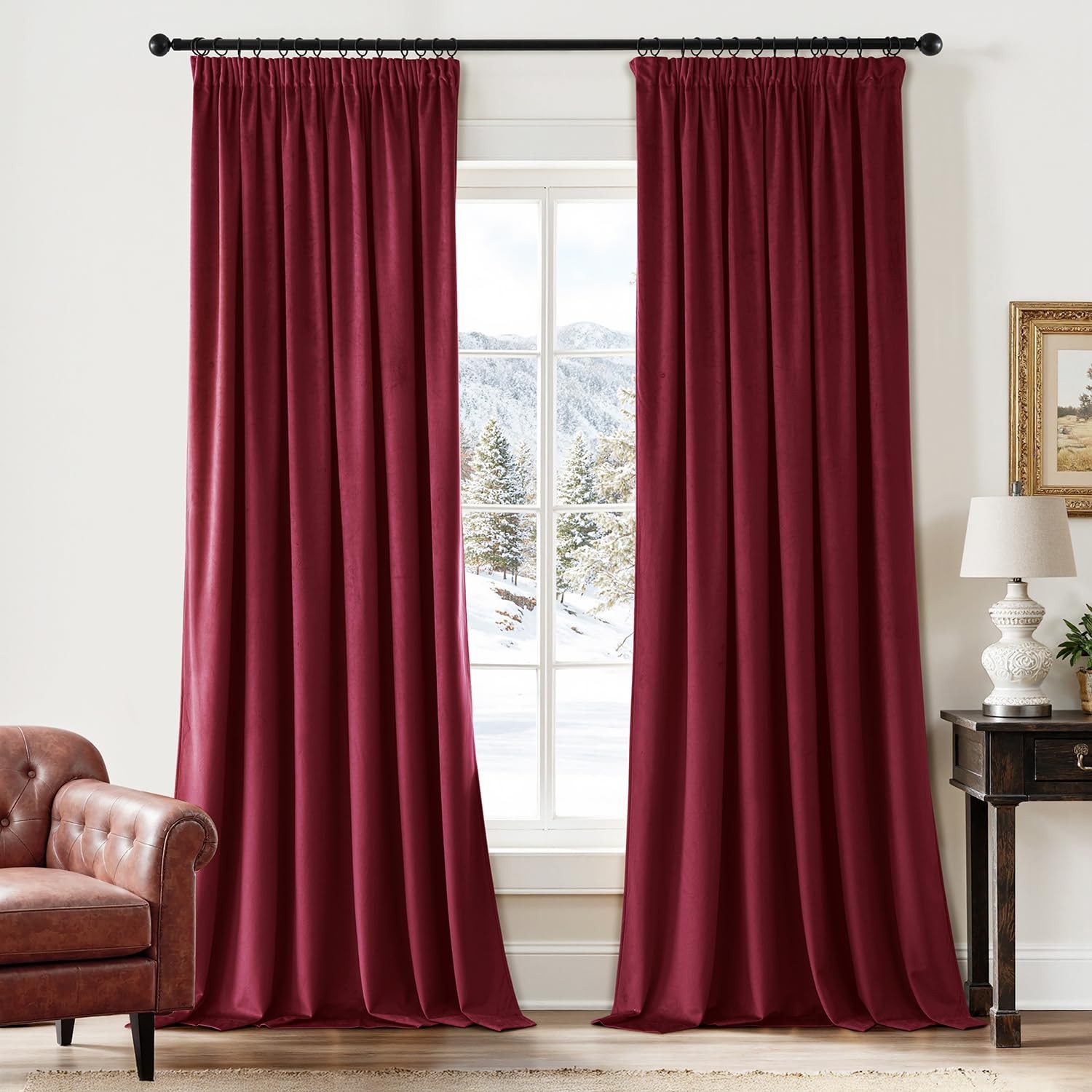 Velvet Curtain with Ruffle Ribbon Wine Red Velvet Curtains Decorative Opaque Curtains 2…