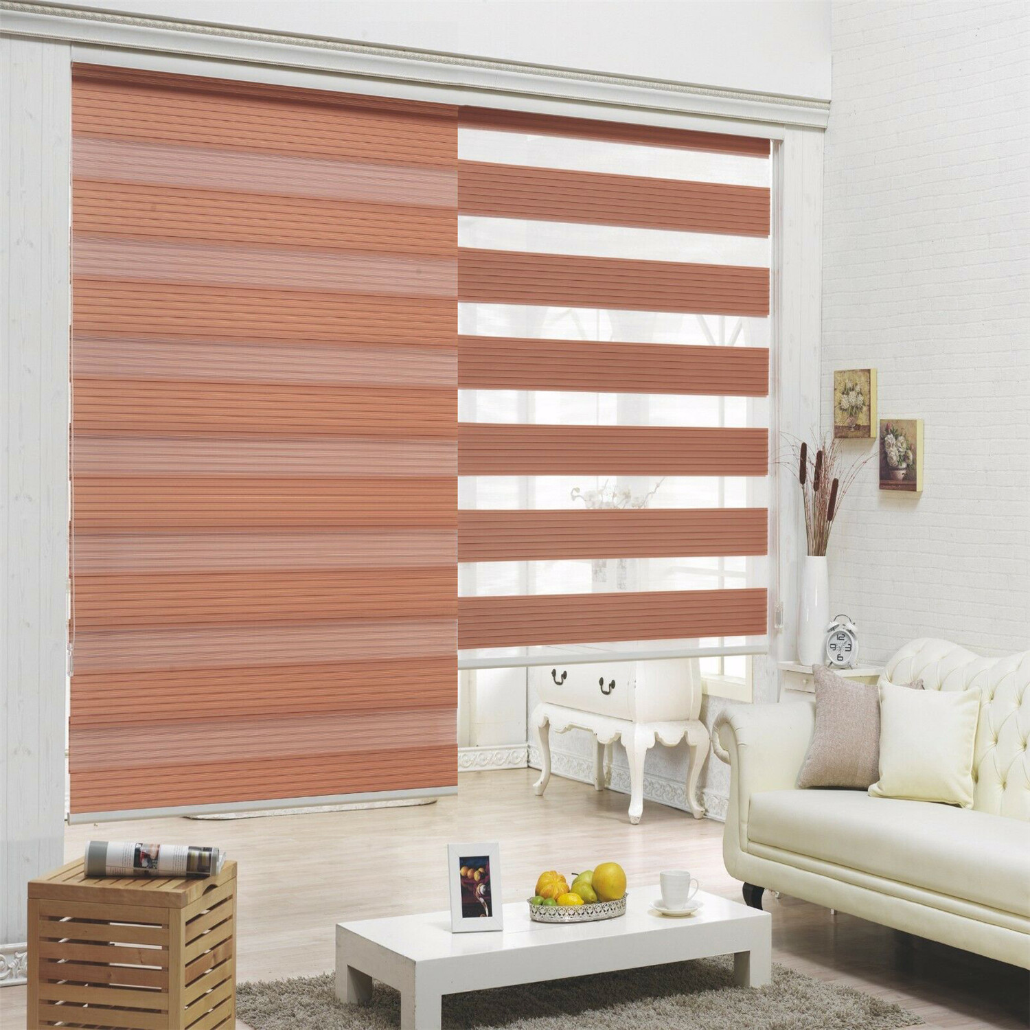 HTTMT- Zebra Roller Blinds [(W)40“ x (H)72”] Brown, Cordless, Dual Layer Shades,