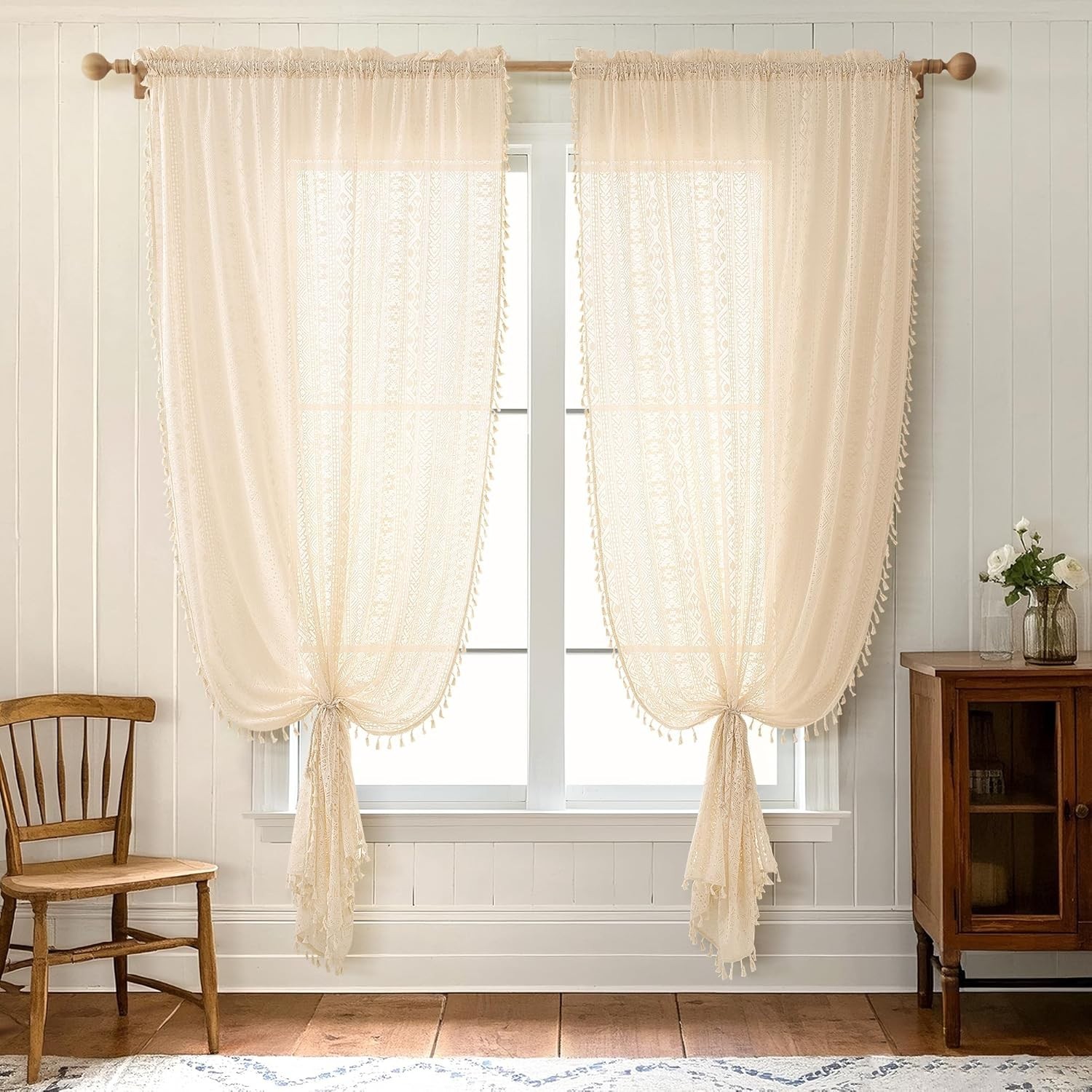 Boho Lace Semi Sheer Curtains 2 Panels with Tassel 54×102 Sand Beige