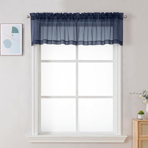 Sheer Window Valance Curtains, 42×14 Inches 42″W x 14″L (Pack of 2) Navy Blue