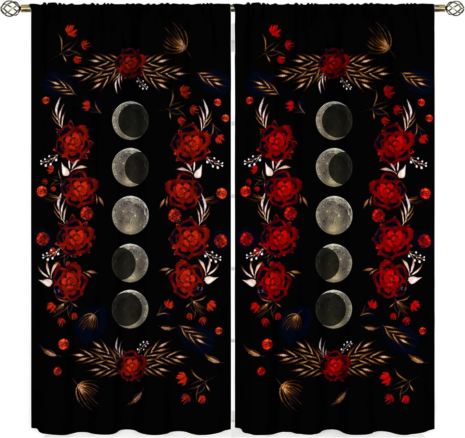 Moon Floral Curtains Black Flower Wildflower Phase Moonlit Garden Boho Spring Vi