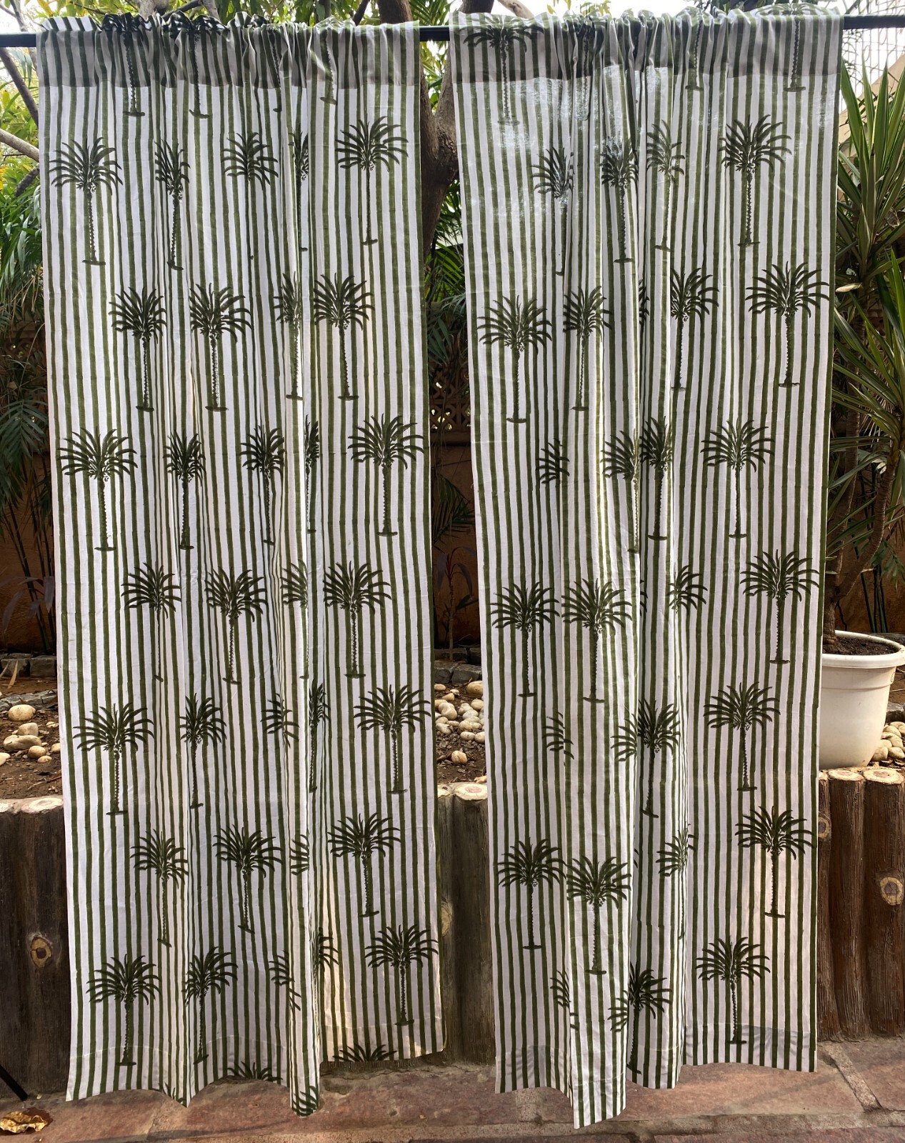 Green cotton Printed block print curtains panels set of 2 pcs