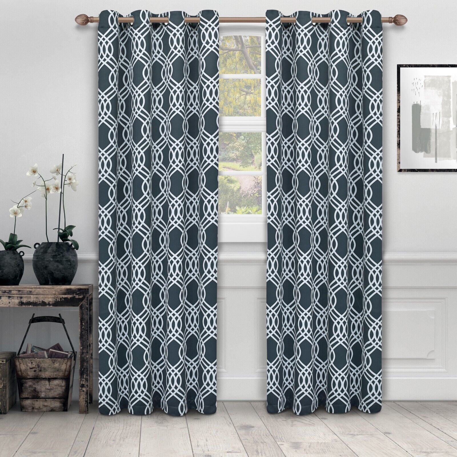 Geometric Trellis Thermal Grommet Shrink Resistant Indoor Curtain Panel Set