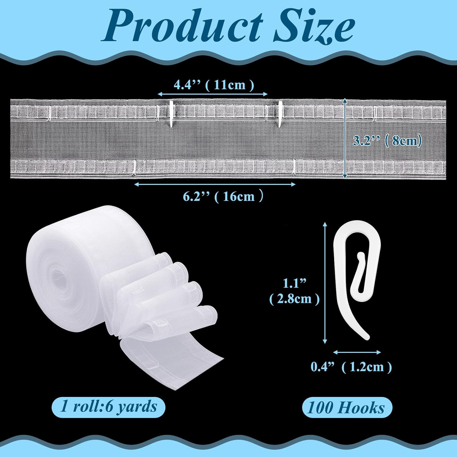 Transparent Wave Curtain Tape 6 Yards/100 Hooks for Curtains Drape Ripple Fold D