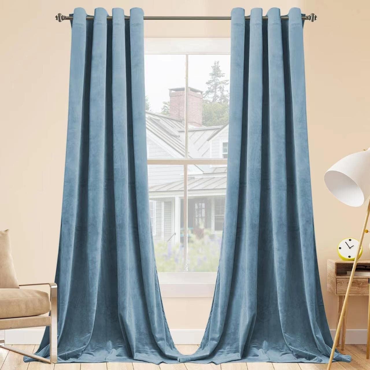 SMILETIME Sky Blue 90in Long Velvet Curtains with Grommet, Thermal Insulated Sup