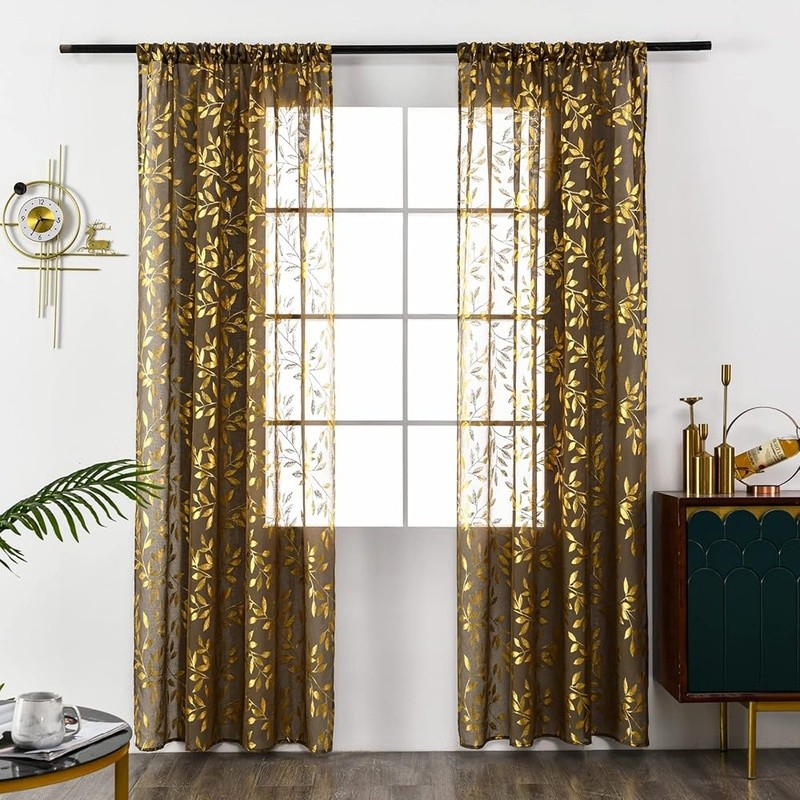 Elegant Sheer Curtains W/ Gold Foil Printed Vines Airy Privacy Home Use