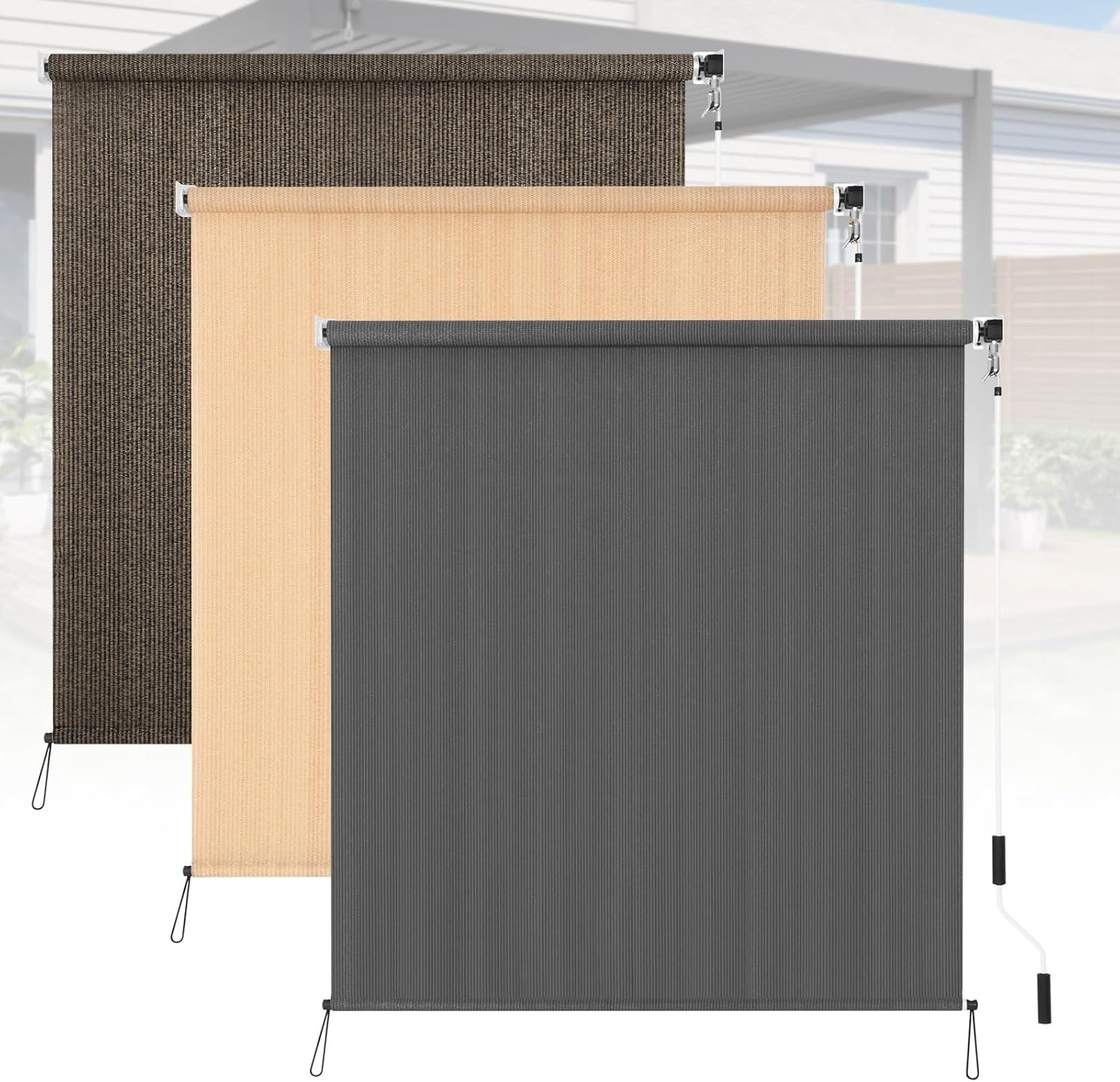 Outdoor Roller Shades 8′ W x 6′ L (96″ W x 72″ H), Cordless Patio Shades Roll Up