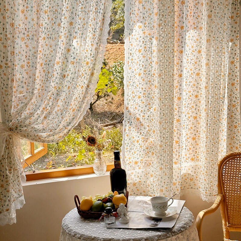 1X Retro Romantic Rococo Curtain Lace Trim Pastoral Thin Drape Floral Rod Pocket
