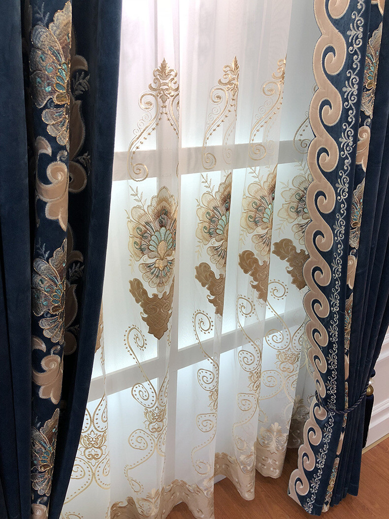 Custom Italian flannelette embroidered blue velvet cloth curtain valance C1692