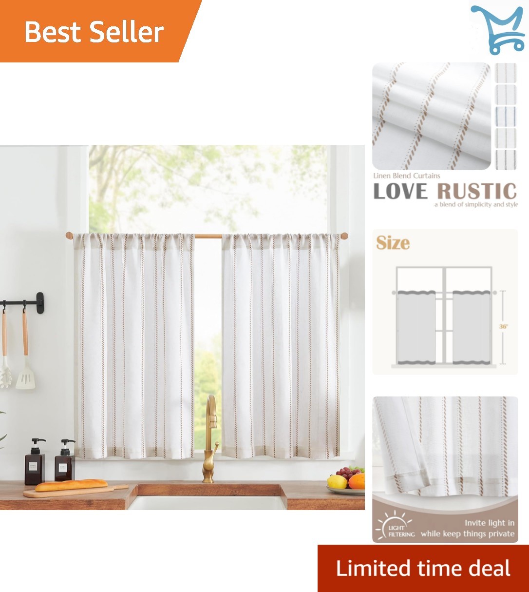 Linen Curtain Set 26×36 Light Filtering Rustic Farmhouse Cafe Window Tiers