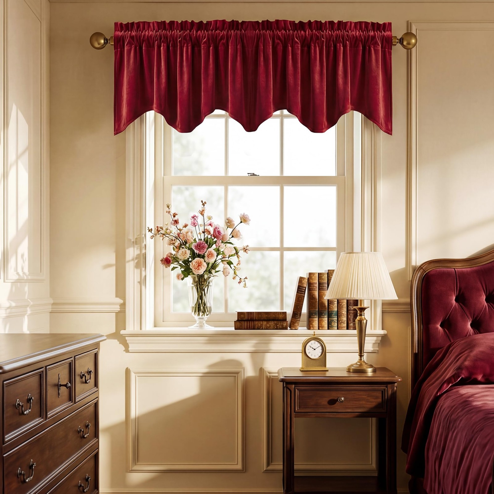 Red Christmas Window Valance, Thick Velvet Cafe Curtains with Wavy Edge, Vint…
