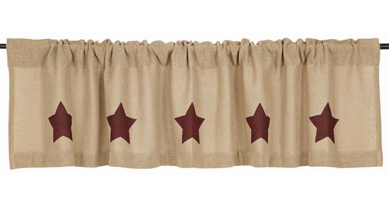 72″ W Rustic Window Valance w/ Burgundy Red Stencil Stars Natural Cotton Burlap