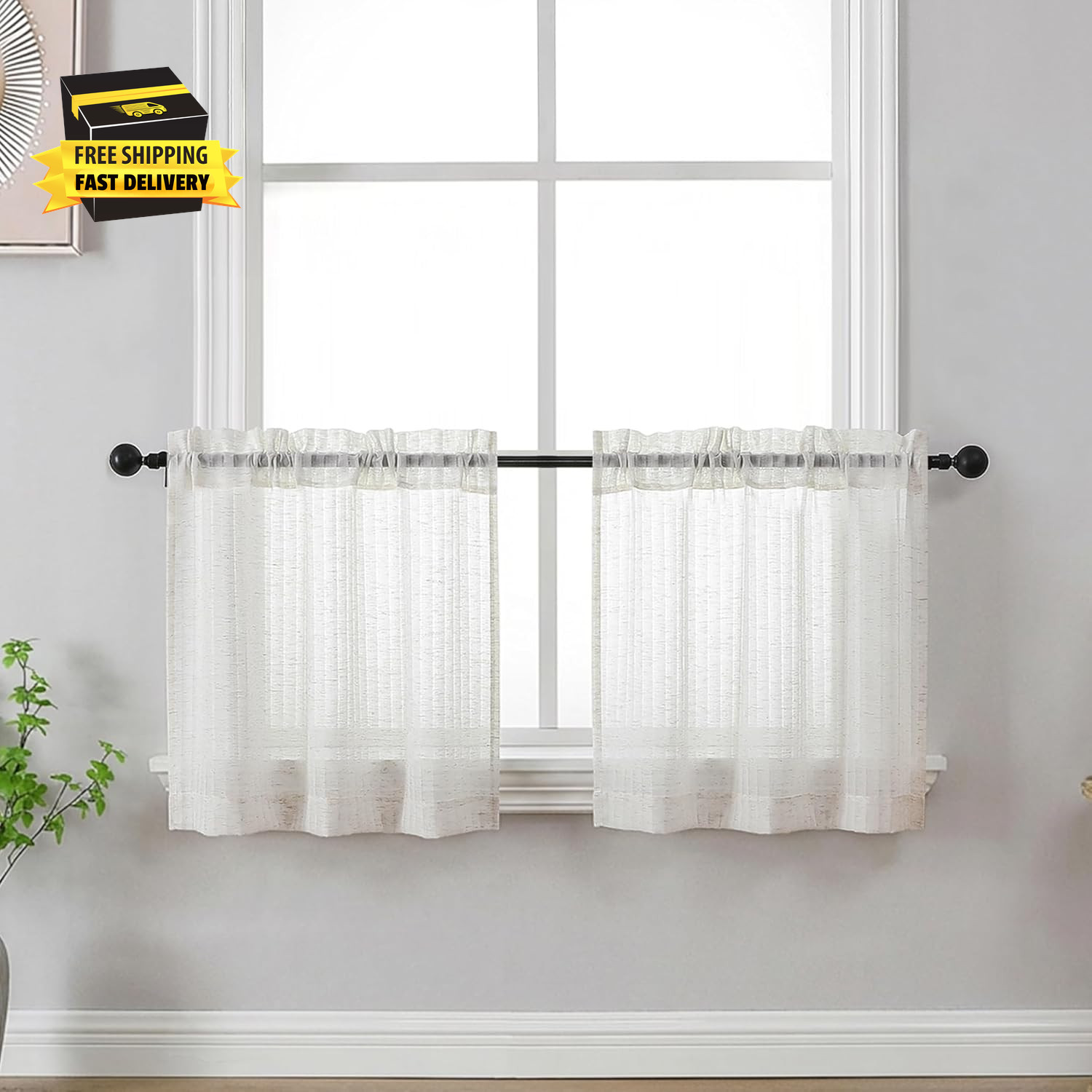 Natural Striped Cafe Curtains – 24 Inch Length Kitchen Curtains Tiers 2 Panels S