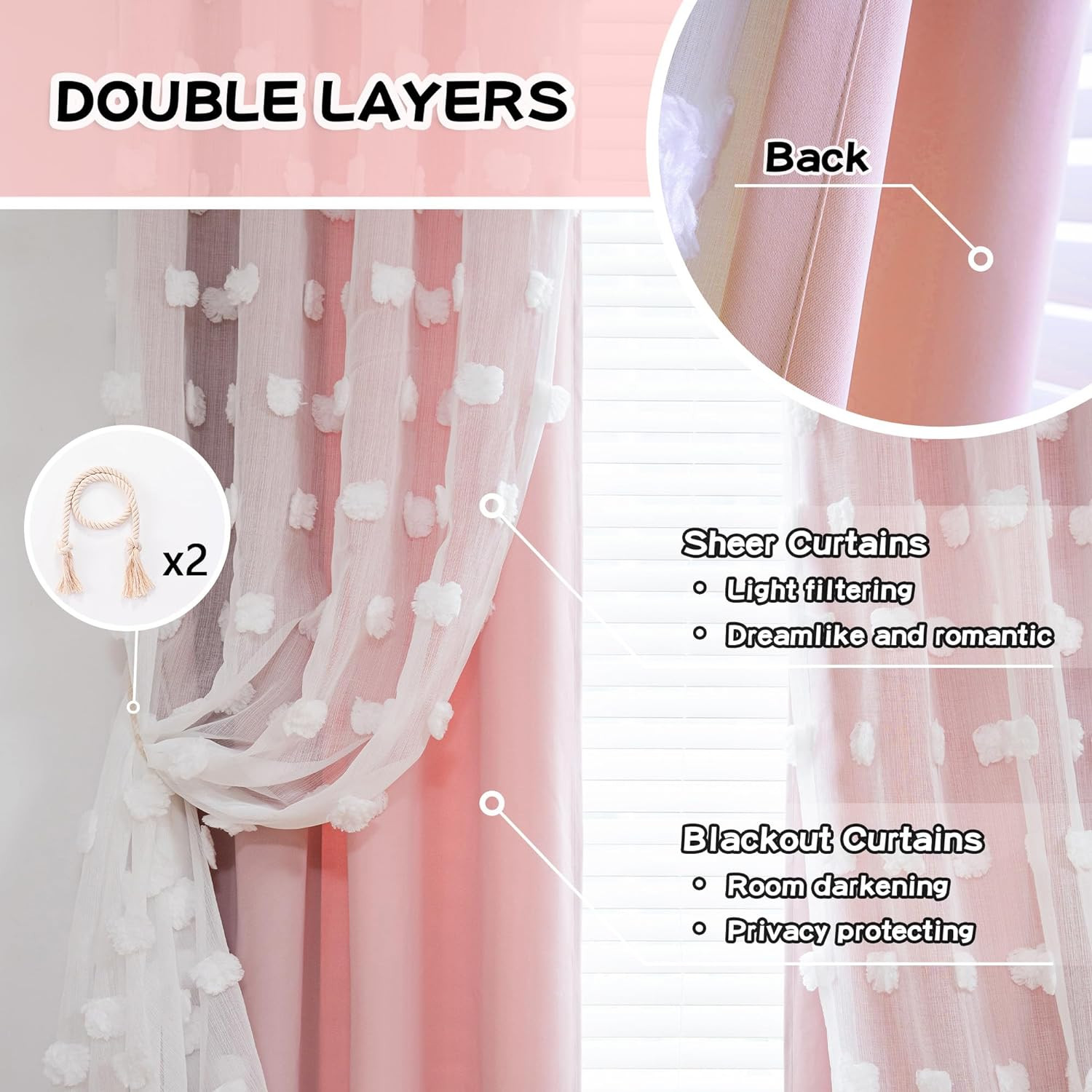 Cortinas rosas para dormitorio de niñas, cortinas infantiles de 54 pulgadas de l