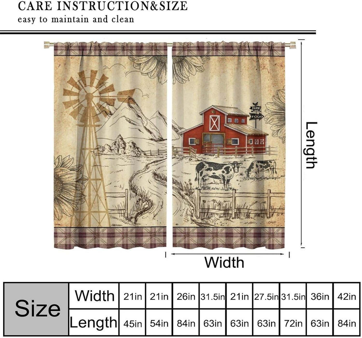 Retro Farm Cow Curtain for Bedroom,Vintage Brown Windmill Sunflower Country Far