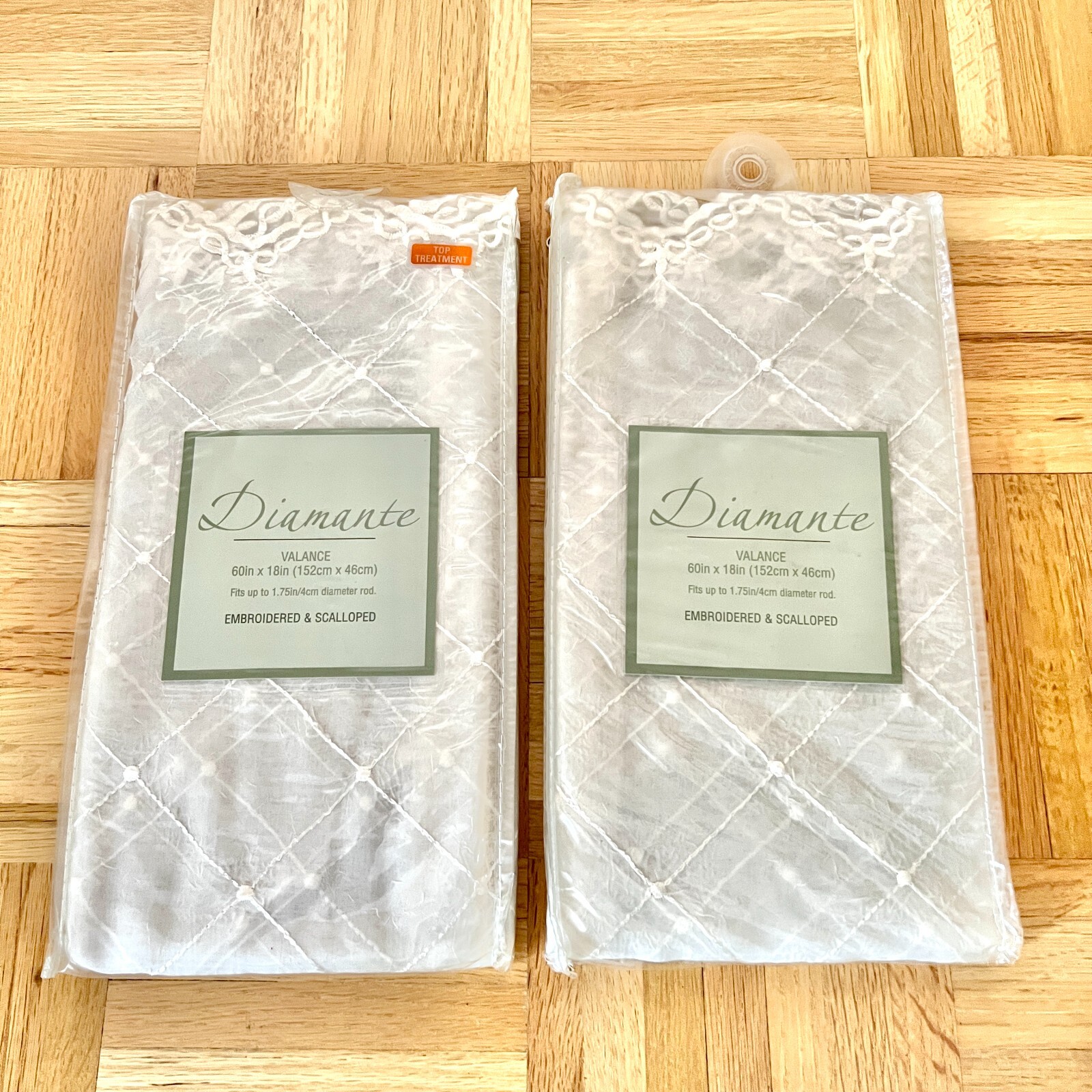 2 Diamante Embroidered Scalloped Valance 60”x18” Ivory Off White Top Treatment