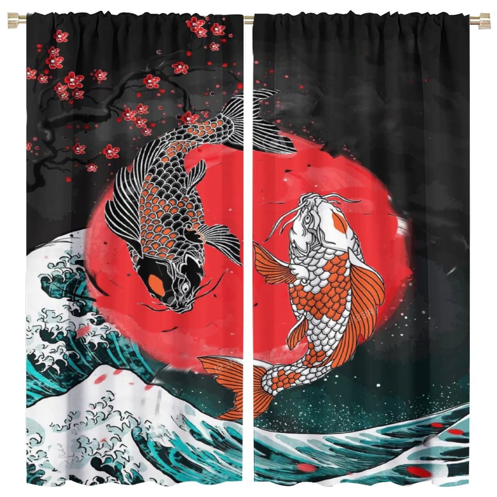 Japanese Koi Fish Curtains, Big Wave Koi Asian Style Room Door Window Rod Poc…