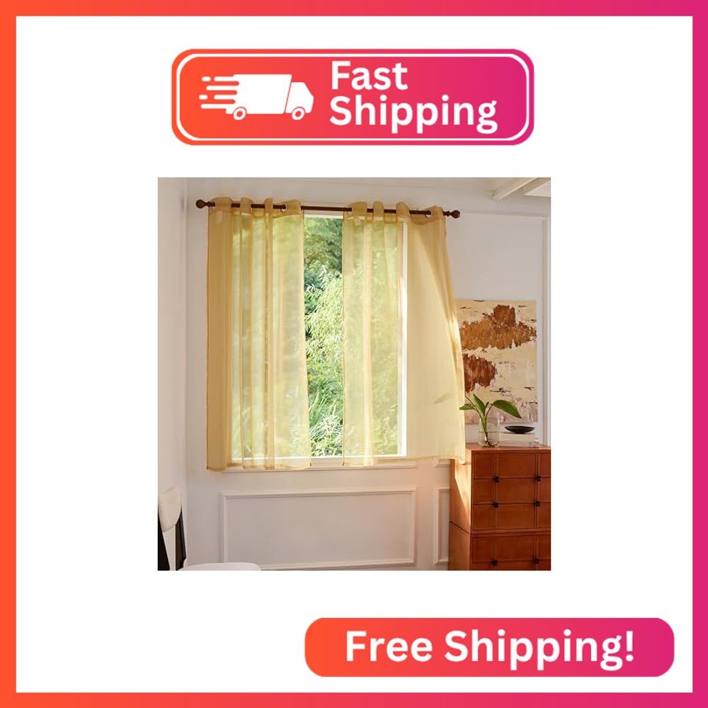 MISSTIAM Foil Stripe Gold Sheer Curtains 63 inches Length 2 Panels with Grommets
