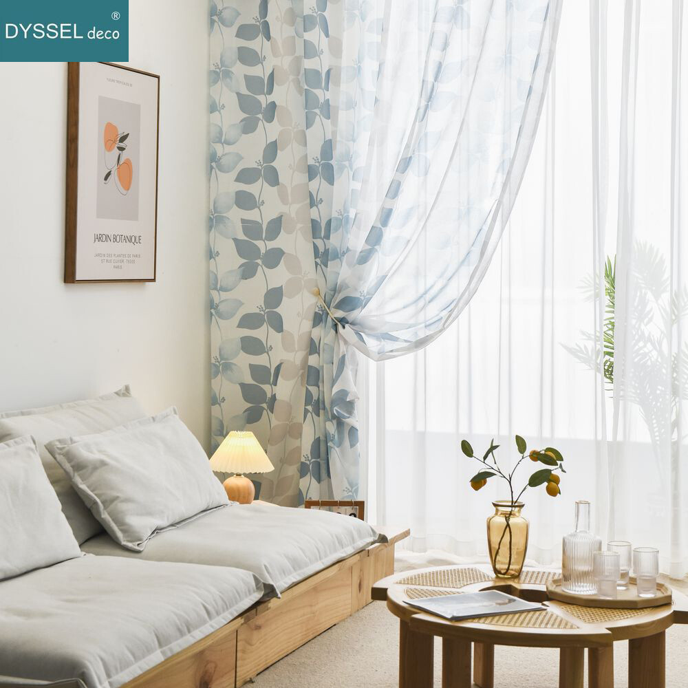 Pair Printed Sheer Curtains Linen Textured for Living Room Floral Leaf Panel