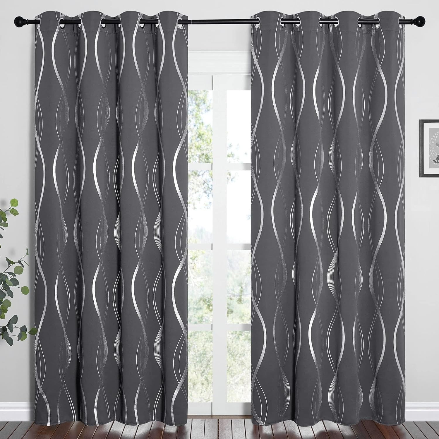 Elegant 2-Piece Grey Blackout Curtains, 84″ Long | Wave Line Foil Print Drapes