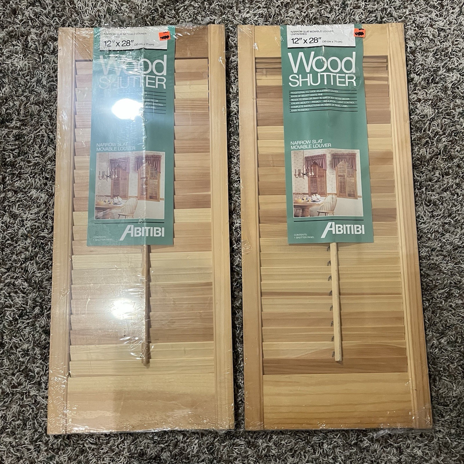 Vintage Abiti 12”x28” Wood Narrow Slat Louver Window Shutters Unfinished Brown