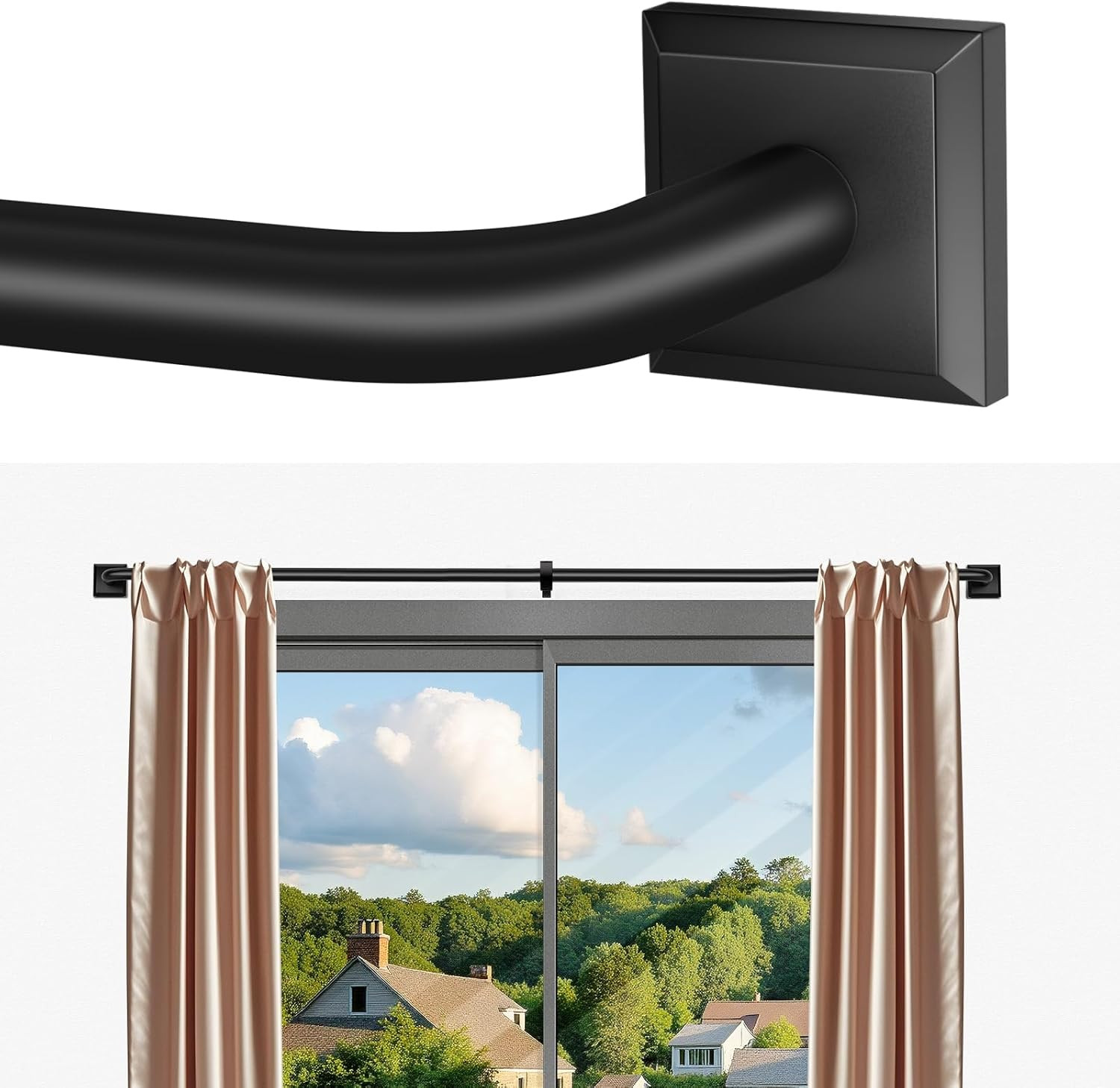 Adjustable Black Curtain Rods 48-90 Inch, Heavy Duty Wrap-Around Room Darkening