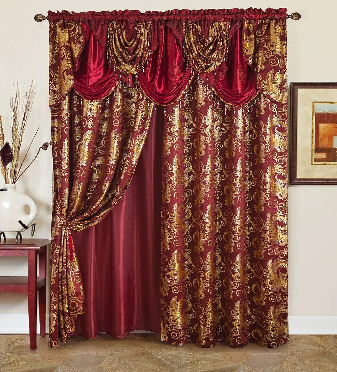 Jacquard Luxury Curtain Valance Burgundy Red Gold Window 2 Panel Curtains 84×55