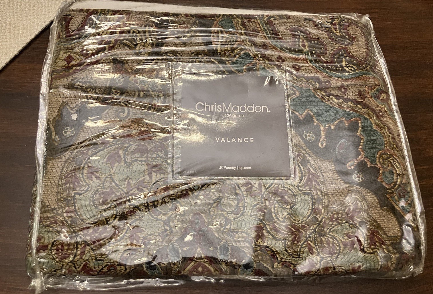 One (1) Chris Madden Valance Browns Teals Golds NIP 60 X 17 Tapestry Woven Jewel