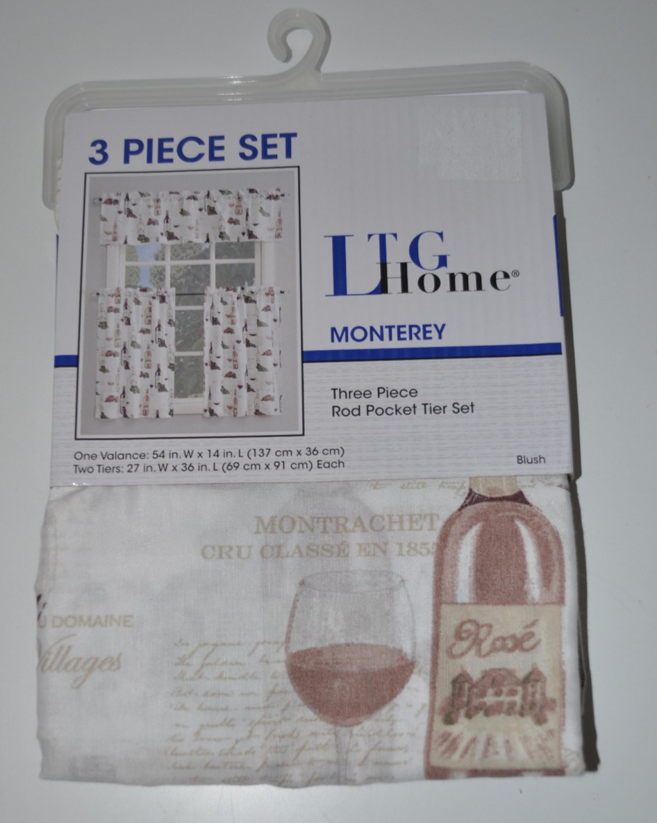 LTG Home 3 piece set Cafe Style Curtains ~ MONTEREY Blush Rod Pocket Tier Set