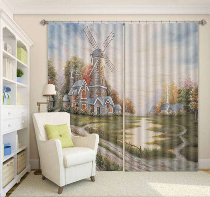 Rural Housing In Europe 3D Curtain Blockout Photo Printing Curtains Drape Fabric