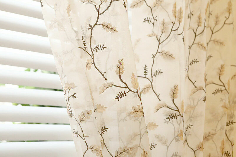 Embroidered Yellow Green Leaf Sheer Curtains Room Voile Window Drapes 63/84″