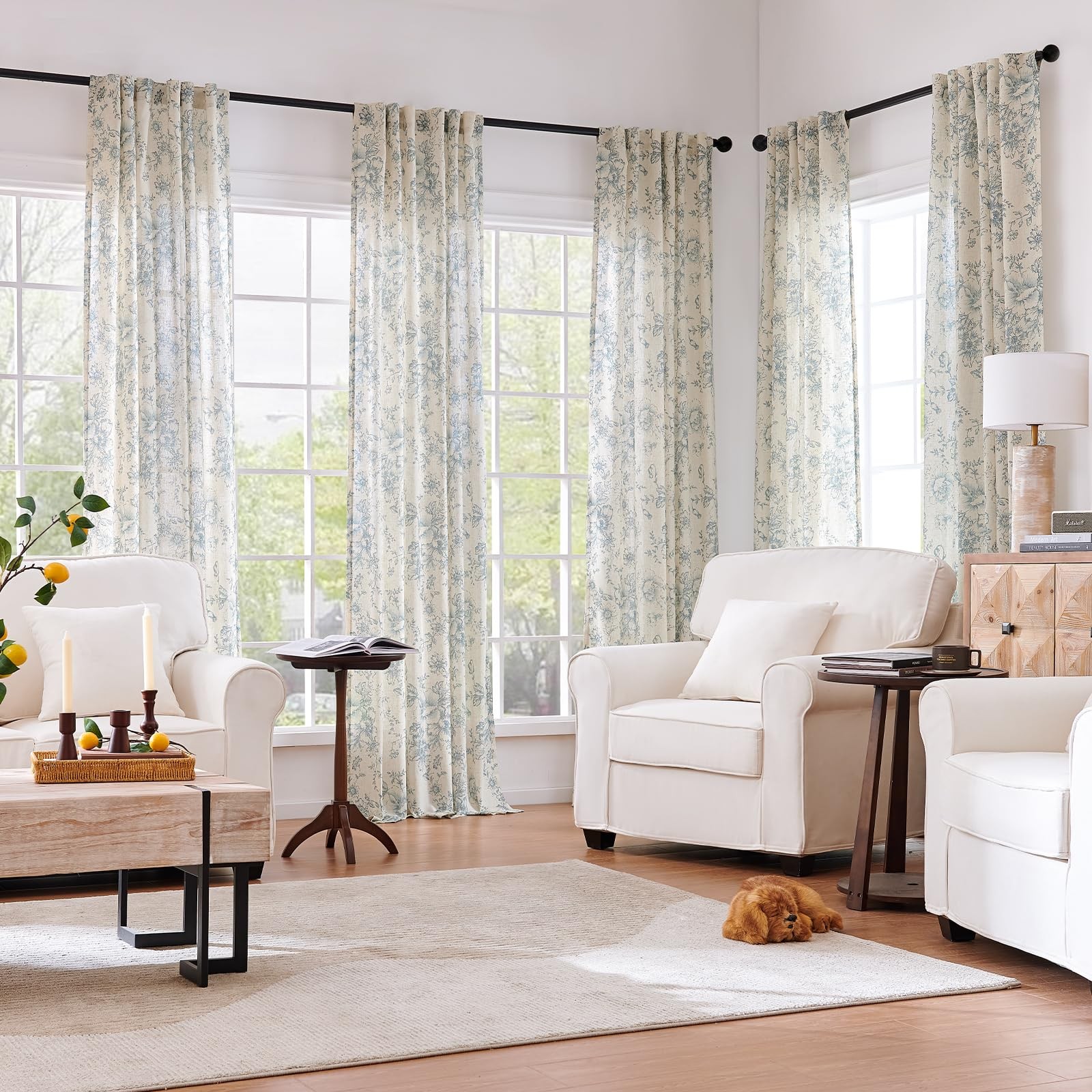 Linen Blend Curtain Floral Curtains for Living Room 84 Inch Length Blue Print…