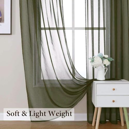 Olive Green Linen Textured Sheer Curtains for Bedroom Living Room, Semi