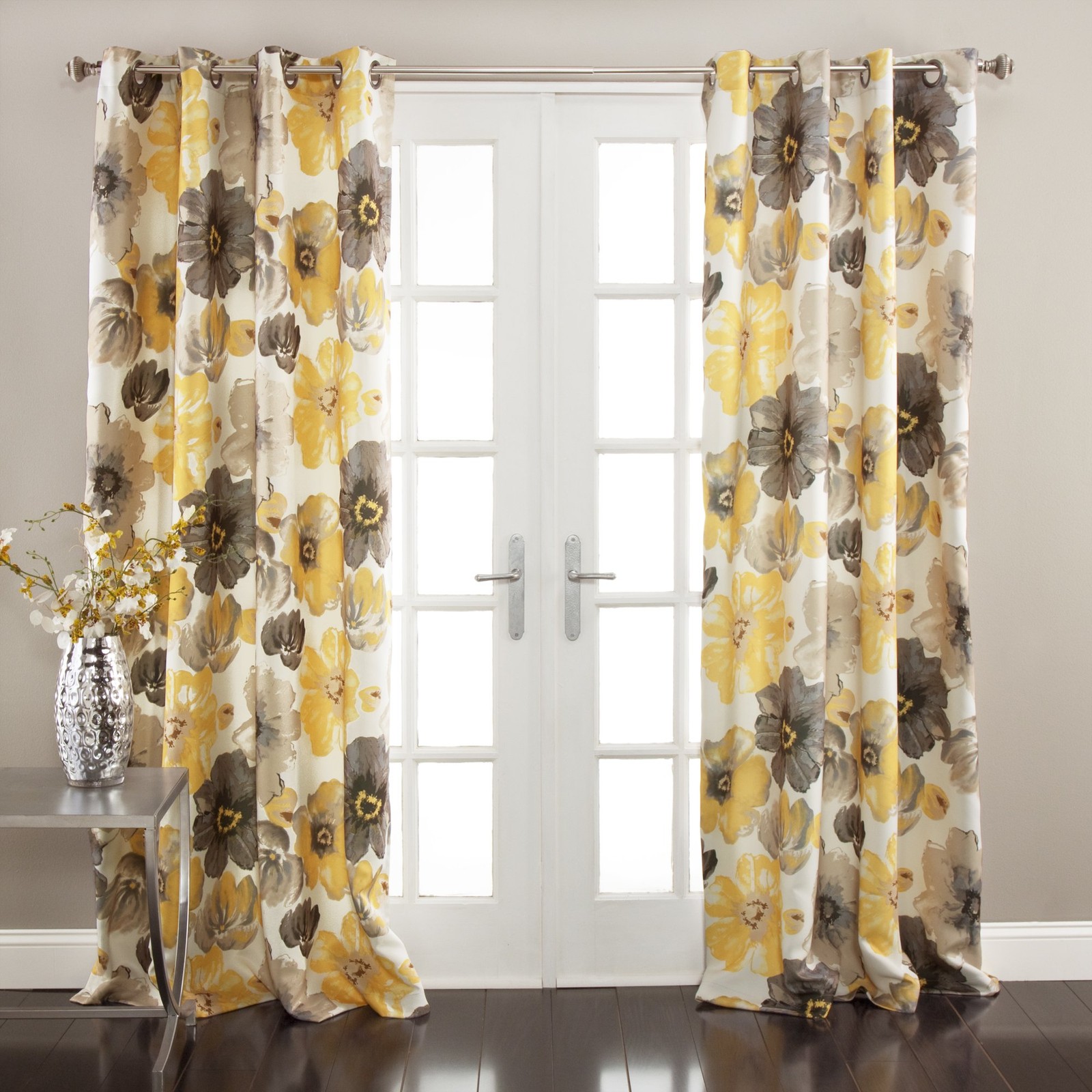 Leah Room Darkening Window Curtain Panel Pair 84 Inch X 52 Inch Yellow/gray Set