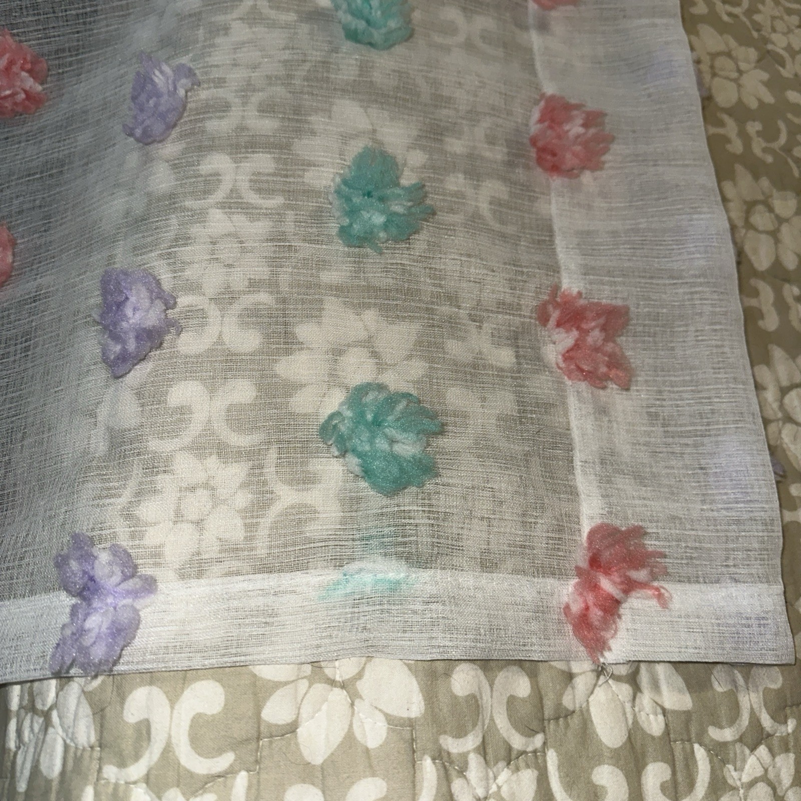 YOUR ZONE POM POMS CURTAIN PANEL 38X84 SHEER WHITE PASTEL COLORS EUC