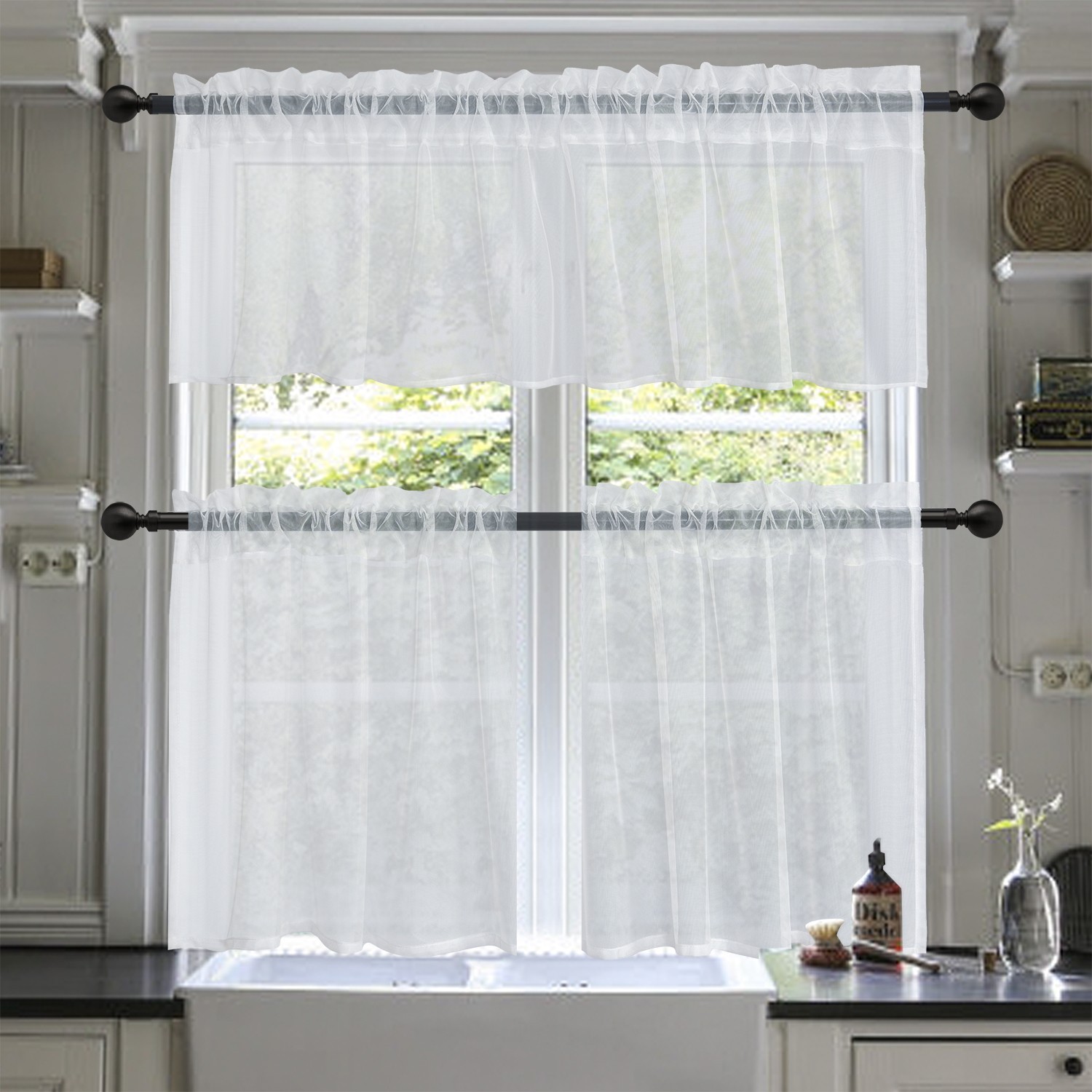 3 Pieces Rod Pocket White Sheer Curtains, Set with 2 Tiers and 1 Valance