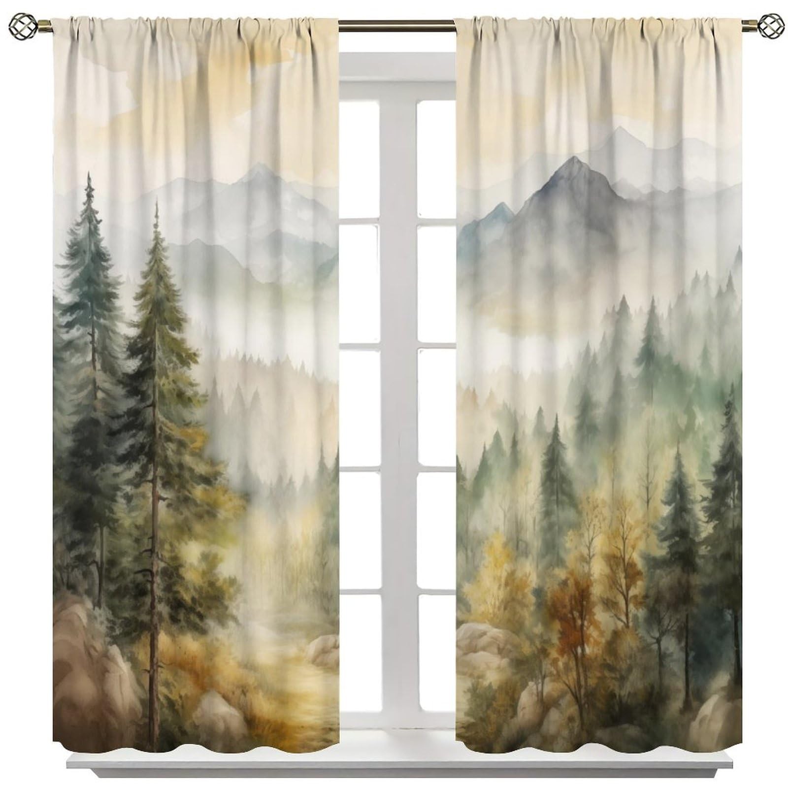 Forest Blackout Curtain for Kitchen, Mountain Forest Nature Tree Woodland Rod…