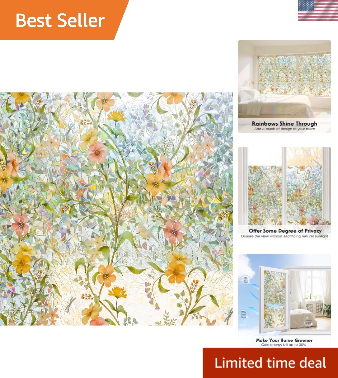 Stained Glass Window Film 17.5×78.7” – Floral Rainbow Privacy Protection