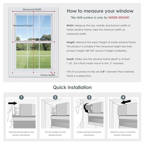 No Tools No Drill Cordless Cellular Shades, Top 39″ W x 64″ H Blackout – White