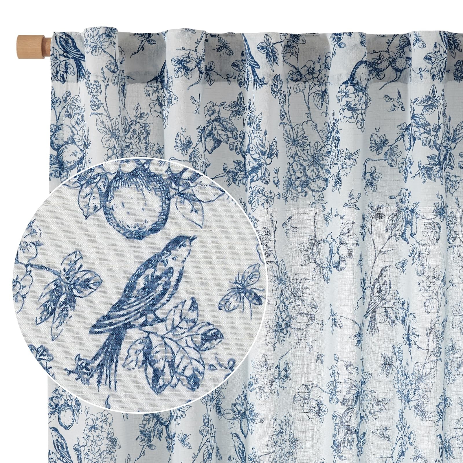 Vangao Floral Linen Curtains 96″ Toile Blue French Country Farmhouse 2 Panels
