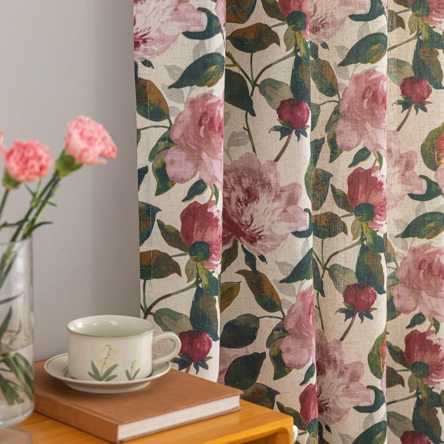 Floral linen curtains, dimensions: 50 inches wide x 63 inches long