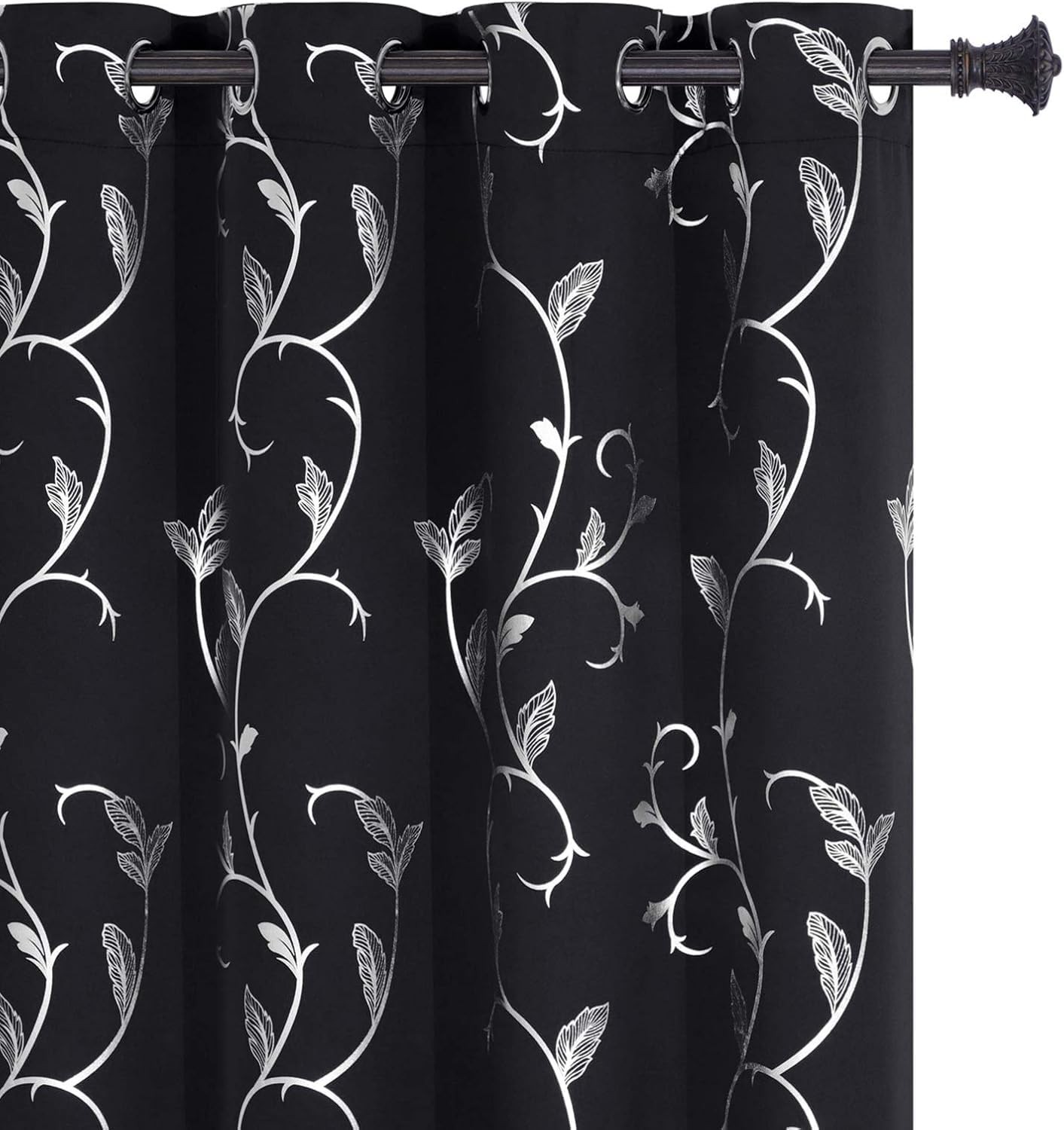 Blackout Curtain 2 Panel Set Silver Vine Foil Print Thermal Insulated Drapes …